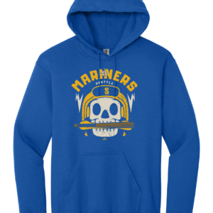 Mariners skull hoodie with baseball helmet and bat design in royal blue
