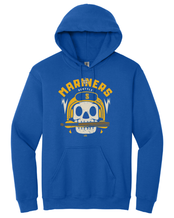 Mariners skull hoodie with baseball helmet and bat design in royal blue