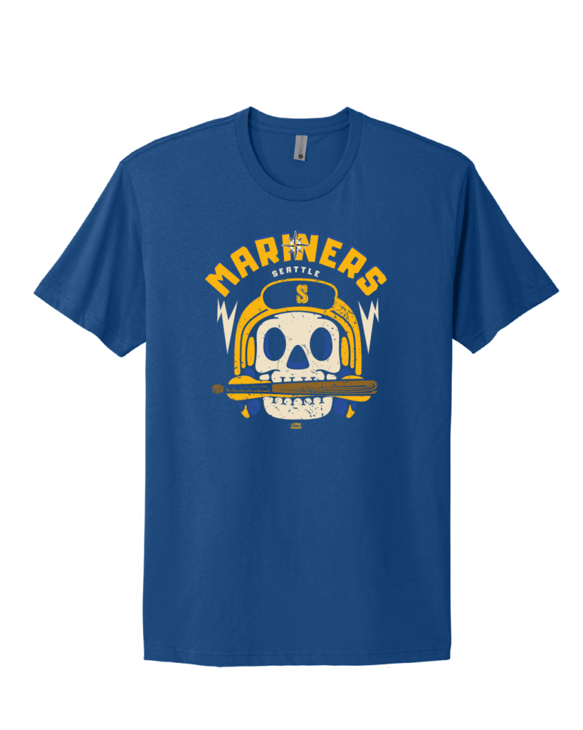 Mariners Skull T-Shirt – Seattle baseball-inspired skull and bat graphic on royal blue tee