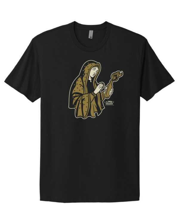 Molotov Mary T-Shirt – saint-like figure holding a Molotov on black cotton shirt
