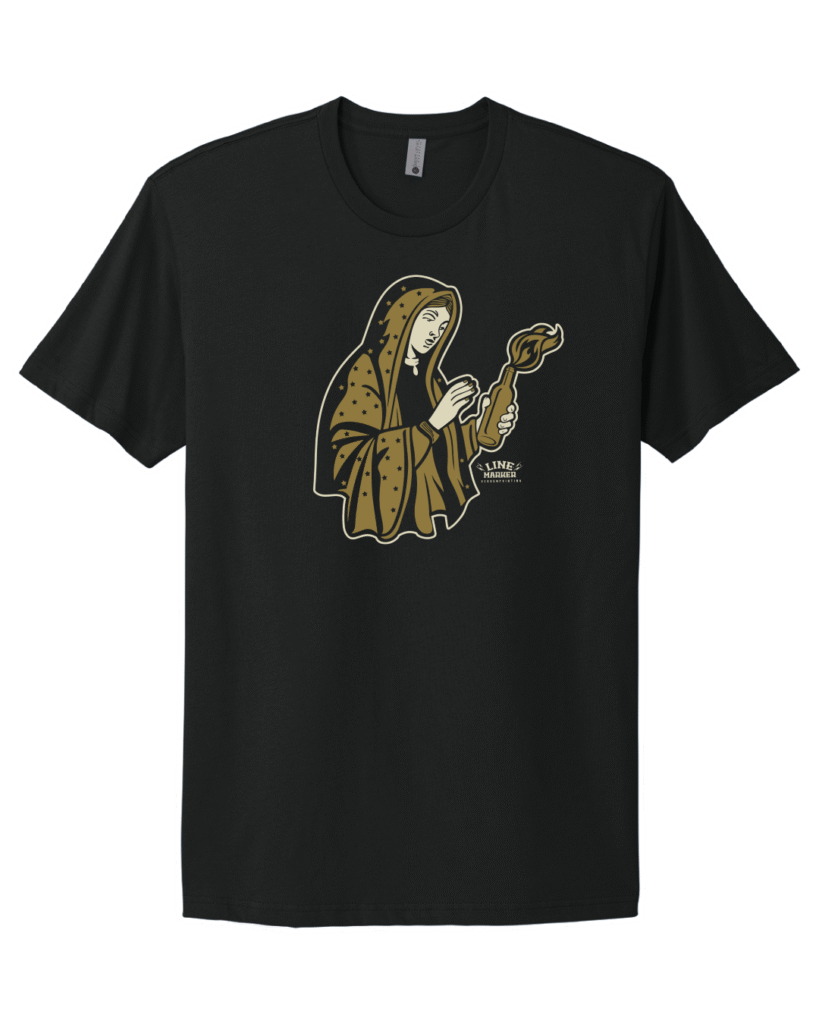 Molotov Mary T-Shirt – saint-like figure holding a Molotov on black cotton shirt