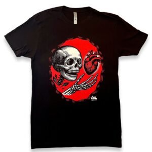 Skeleton Heart T-Shirt – skeleton reaches out for a heart on black cotton shirt