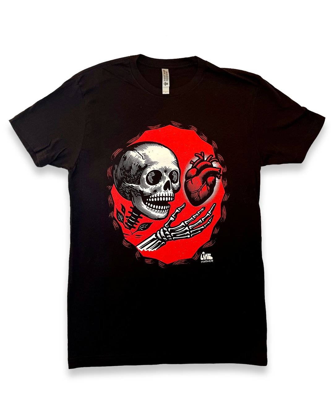 Skeleton Heart T-Shirt – skeleton reaches out for a heart on black cotton shirt